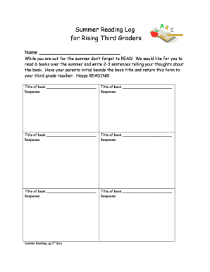 Summer Reading Log for Rising Third Graders