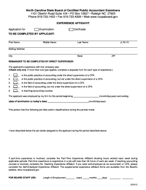 North Carolina CPA Experience Affidavit