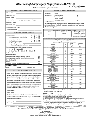 BlueCross Vision Care Service Record