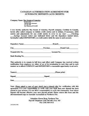 Canadian Authorization Agreement for Automatic Deposits