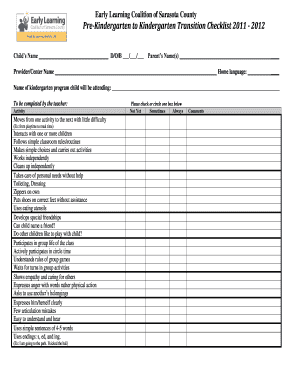 Pre-Kindergarten to Kindergarten Transition Checklist