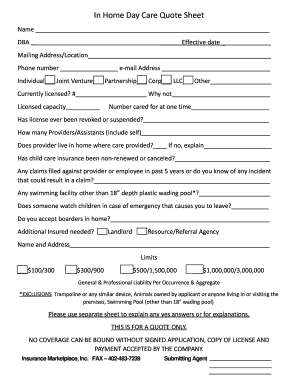 In Home Day Care Insurance Quote Sheet