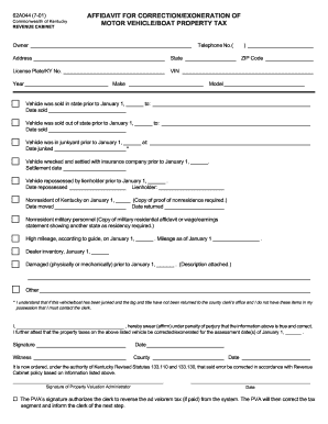 Kentucky Vehicle Property Tax Correction Affidavit