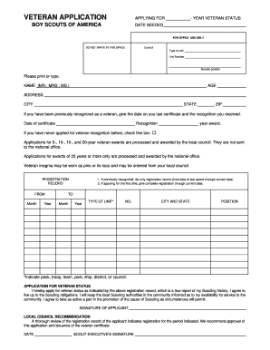 Boy Scouts of America Veteran Status Application