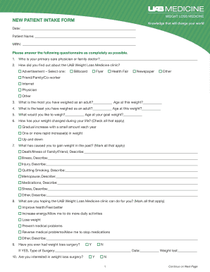 New Patient Intake Form for UAB Weight Loss Medicine Clinic