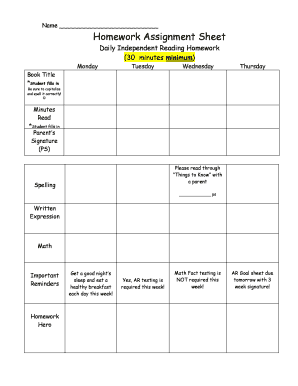 Daily Independent Reading Homework Assignment Sheet