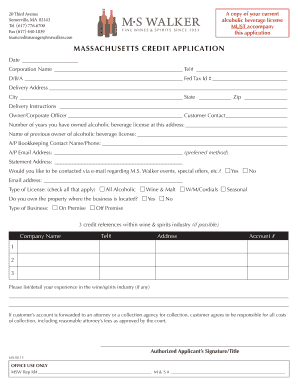 Massachusetts Credit Application for Alcoholic Beverage License