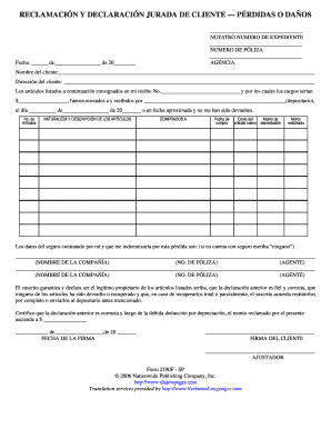 RECLAMACIÓN Y DECLARACIÓN JURADA DE CLIENTE — PÉRDIDAS O DAÑOS