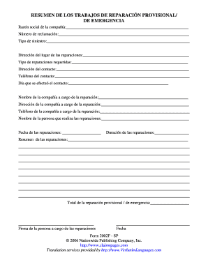 Resumen de los trabajos de reparación provisional/de emergencia