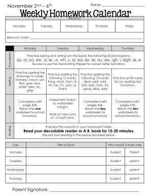 Weekly Student Homework Tracker