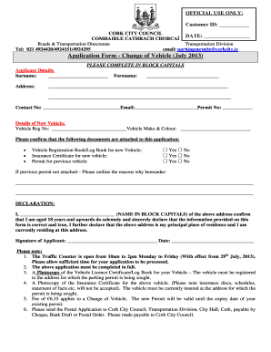 Cork City Council Change of Vehicle Application