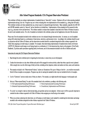 COA After School Program Observation Worksheet
