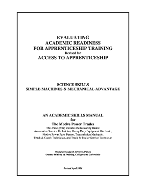EVALUATING ACADEMIC READINESS FOR APPRENTICESHIP TRAINING Revised for ACCESS TO APPRENTICESHIP SCIENCE SKILLS SIMPLE MACHINES &