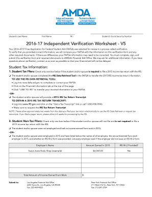 2016-17 Independent Verification Worksheet