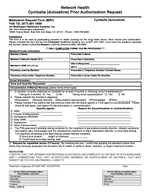 Cymbalta Prior Authorization Request Form