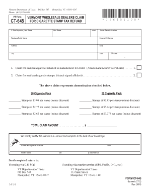 Vermont Wholesale Dealers Cigarette Stamp Tax Refund Form
