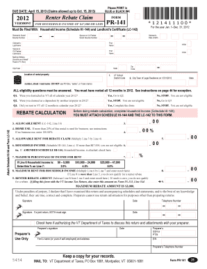 Vermont Renter Rebate Claim Form