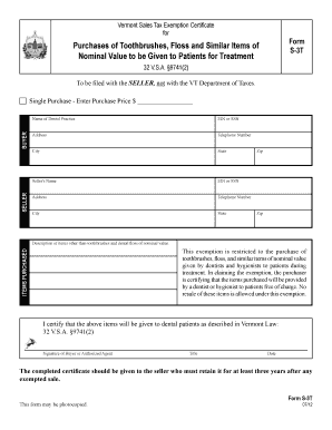 Vermont Sales Tax Exemption Certificate for Dental Items