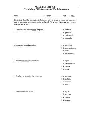 Vocabulary Pre-Assessment Form