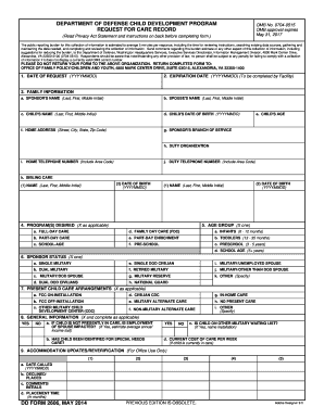 Department of Defense Child Development Program Request for Care Form