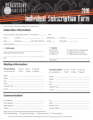 Percussive Arts Society Individual Subscription Form