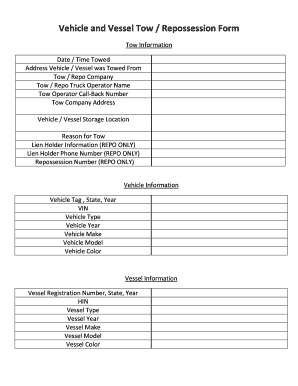 Vehicle and Vessel Tow Repossession Form