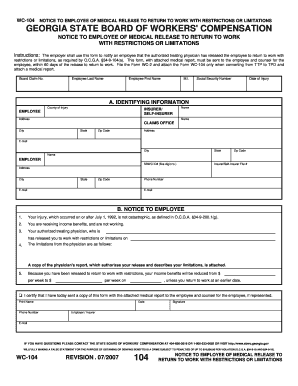 Georgia WC-104 Notice to Employee of Medical Release to Return to Work with Restrictions