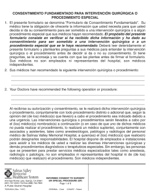 Consentimiento Fundamentado para Intervención Quirúrgica o Procedimiento Especial