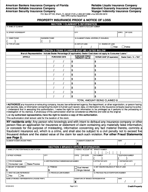 Property Insurance Proof and Notice of Loss Form