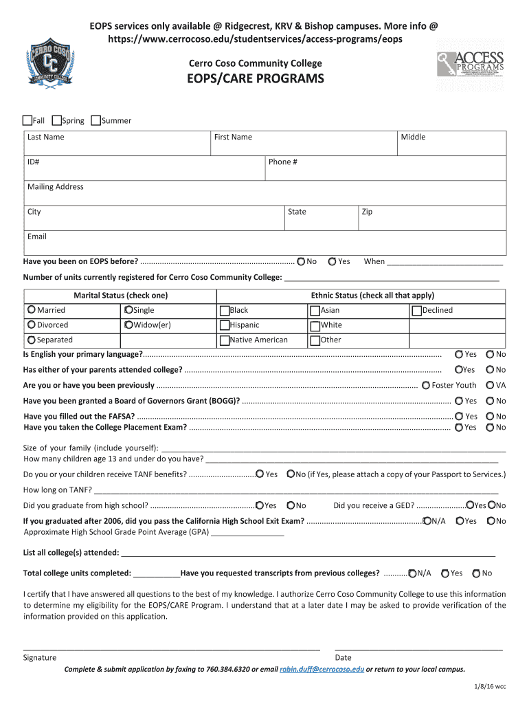 Fillable Online cerrocoso EOPS services only available Ridgecrest KRV