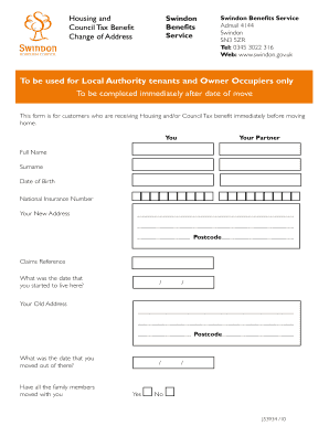 Swindon Housing and Council Tax Benefit Change of Address Form