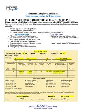 Rio Salado College Dual Enrollment Class Schedule Change Card