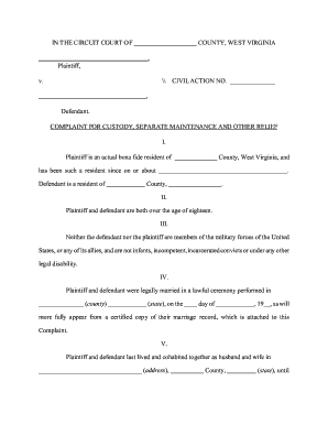 West Virginia Custody Complaint Form