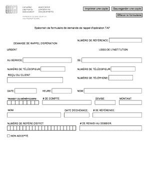 Spécimen de formulaire de demande de rappel d'opération
