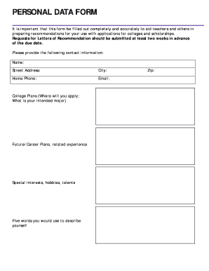Personal Data Form for College Applications