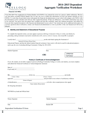2014-2015 Dependent Verification Worksheet