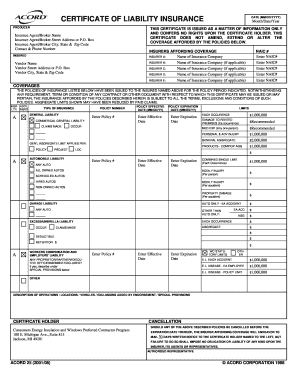 Certificate of Liability Insurance
