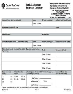 Short Term Medical Insurance Enrollment Application