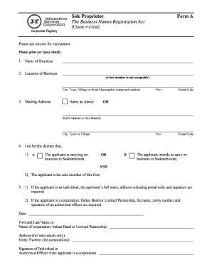 Saskatchewan Sole Proprietor Registration Form