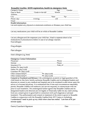 Kids Registration Health and Emergency Form