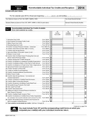 Arizona Form 301 Nonrefundable Individual Tax Credits