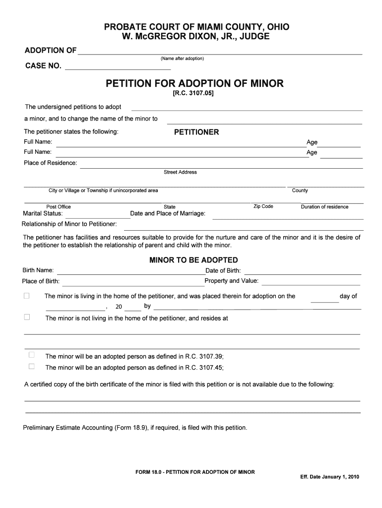 Fillable Online co miami oh PETITION FOR ADOPTION OF MINOR Miami