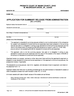 Ohio Application for Summary Release from Administration