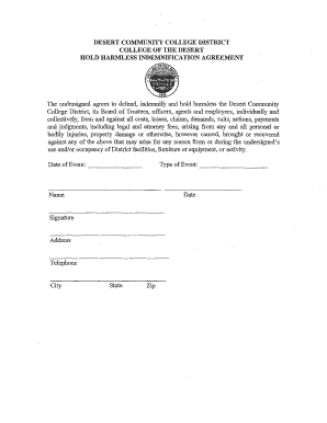 College of the Desert Hold Harmless Indemnification Agreement
