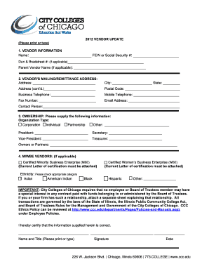 2012 Vendor Update Form