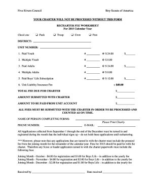 Boy Scouts of America Recharter Fee Worksheet