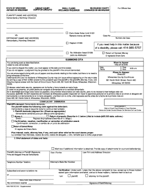 Wisconsin Small Claims Summons and Complaint