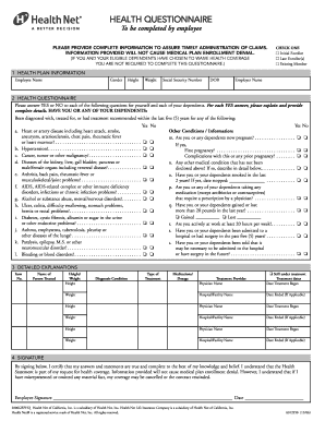 Health Questionnaire for Employee Health Coverage