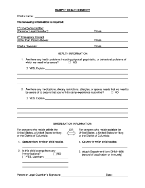 Camper Health History Form