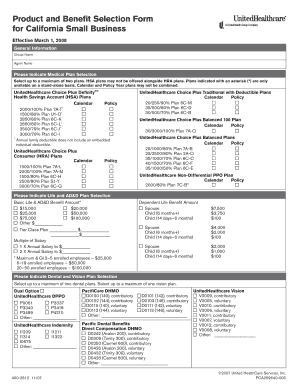 California Small Business Health Insurance Selection Form